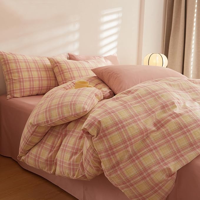 Plaid Full Bed Comforter Washed Cotton Boho Bedding Set Down Alternative Farmhouse Fluffy Soft Bedding Comforter Sets Washable Cute Cozy All Season Bed Comforter with 2 Pillowcases