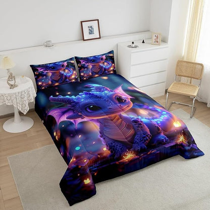 Castle Fairy Cute Dragon Bedding Set Queen Size Mysterious Jungle Comforter for Child Toddler Teens Kawaii Western Dragon Animal Down Comforter Glitter Plant Duvet Insert with 2 Pillowcases