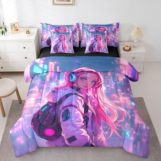 Erosebridal Anime Girl Twin Comforter Set 7 Piece Japanese Style 3D Anime Bedding Set for Kids Girls Boys Room Decor,Sci Fi Style Gaming Bed in A Bag Hot Pink Colorful Bed Bed Set