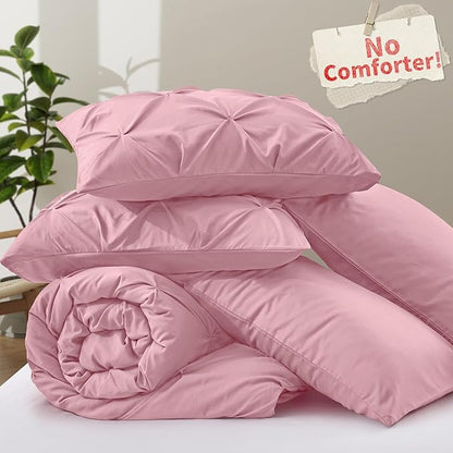 VACVELT 5 Piece Pinch Pleated Duvet Cover Full/Queen Size Set, Pink Pintuck Duvet Cover with Zipper & 8 Ties, Shabby Chic Microfiber Duvet Cover + 2 Pillow Shams + 2 Pillowcases, No Comforter