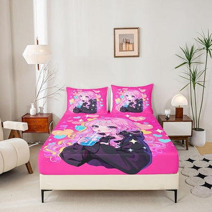 Erosebridal Preppy Girls Sheets for Boys Girls Kawaii Japanese Girl Drinking Water Fitted Sheet,Coquette Girl with Colorful Curly Hair Kids Bedding Sets Pink Anime Gifts Bed Sets Full 3 Piece
