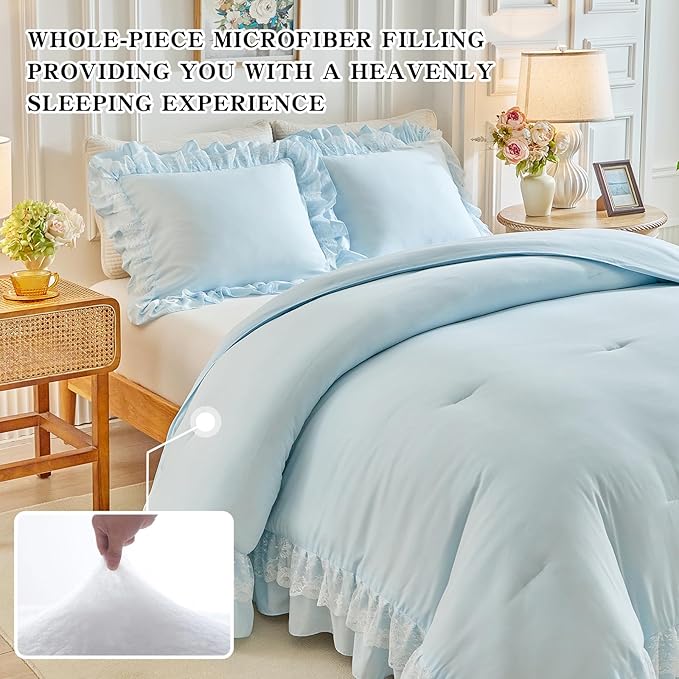 Joyreap Queen Size Comforter Set Blue, 3pcs Lace Ruffled Bedding Comforter Set, Microfiber Vintage Boho Chic Bedding Set for All Season- 88x88 inches