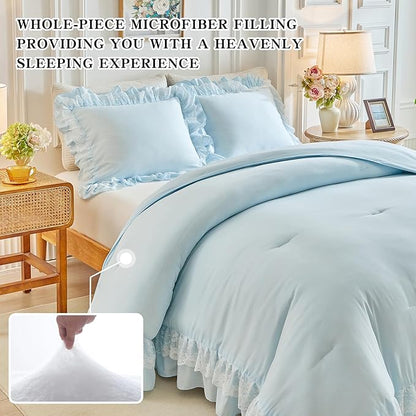 Joyreap Queen Size Comforter Set Blue, 3pcs Lace Ruffled Bedding Comforter Set, Microfiber Vintage Boho Chic Bedding Set for All Season- 88x88 inches
