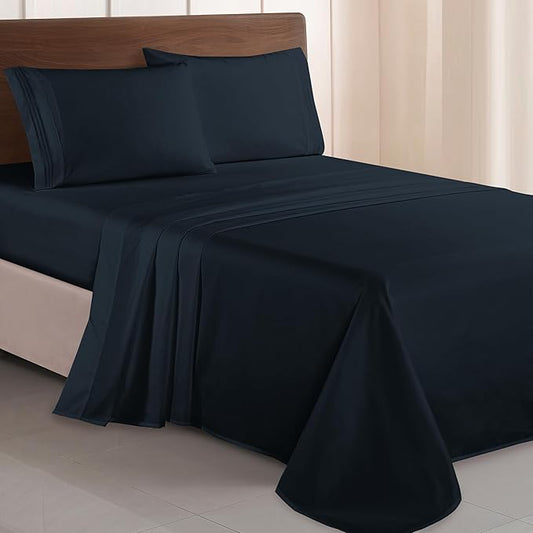 Elegant Comfort Luxurious 1500 Premium Hotel Quality Microfiber Three Line Embroidered Softest 4-Piece Bed Sheet Set, Wrinkle and Fade Resistant, Twin/Twin XL, Black