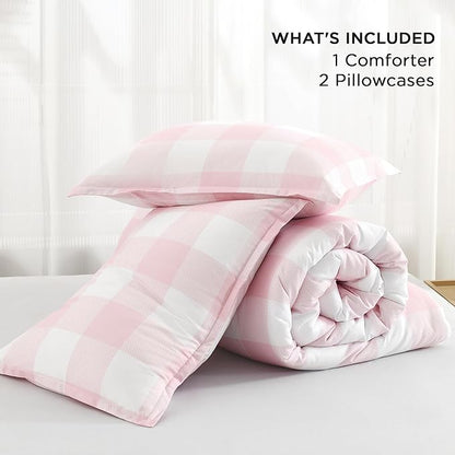 Andency Pink Checkered Comforter Queen(90x90Inch), Plaid Gingham Buffalo Plaid Grid Bedding Sets for Girls Kids Women Kids Teens, 3 Pieces Lightweight Polyester Geometric Preppy Bed Set