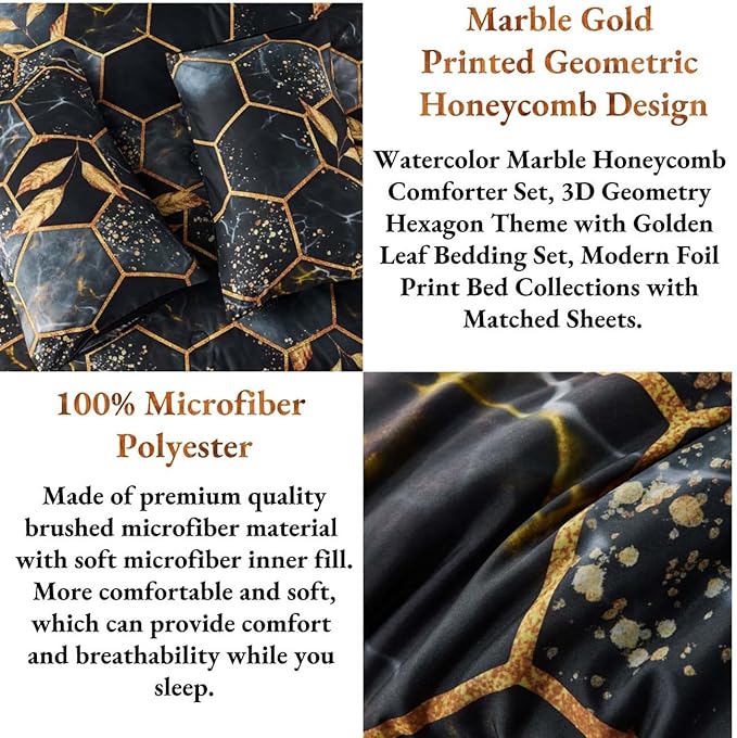 ANGIYUIN Geometric Black Queen Comforter Set, 7 Pieces Modern Foil Print Decor Gold Trim Bed in A Bag, Ultra Soft Lightweight Duvet Insert for All Season (Black Queen)