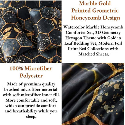 ANGIYUIN Black King Size Comforter Set Geometric Comforter 7Pcs Foil Print Bed in A Bag Marble Bedding Comforter Sets 3D Honeycomb Hexagon Decor Gold Trim Bed Set for Women Men (Black King)