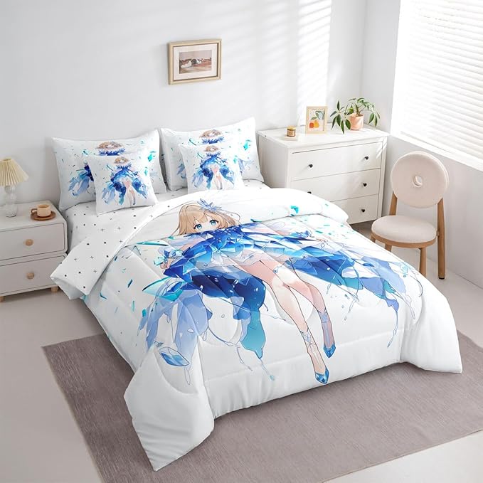 Erosebridal Anime Girl Queen Comforter Set 7 Piece Japanese Girl Bedding Set,3D Anime Cartoon Bed in A Bag for Kids,Japanese Style Sheet Set with Comforter(Blue)