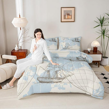 Nautical Queen Comforter Set, Retro Sailboat Bedding Set for Boys Girls Kids Teens, World Map Sketch Down Comforter, Vintage Anchor Compass Duvet Set, Yacht Ship Kids Comforter Sets, White Blue 3Pcs