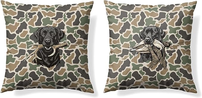 Vintage Camo Labrador Retriever Mallard Duck Throw Pillow Covers 18x18 Set of 2, Dog Hunting Pillowcase, Camouflage Farm Animal Decorative Pillow Covers,Camouflage Wild Animal Decor（84）
