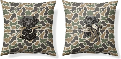 Vintage Camo Labrador Retriever Mallard Duck Throw Pillow Covers 18x18 Set of 2, Dog Hunting Pillowcase, Camouflage Farm Animal Decorative Pillow Covers,Camouflage Wild Animal Decor（84）