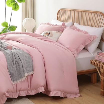 JANZAA Queen Comforter Set Baby Pink Ruffle Comforter with 2 Pillowcase Soft Queen Size Bed Set Vintage Farmhouse Bed Comforter Set Fluffy Shabby Chic Bedding for All Season
