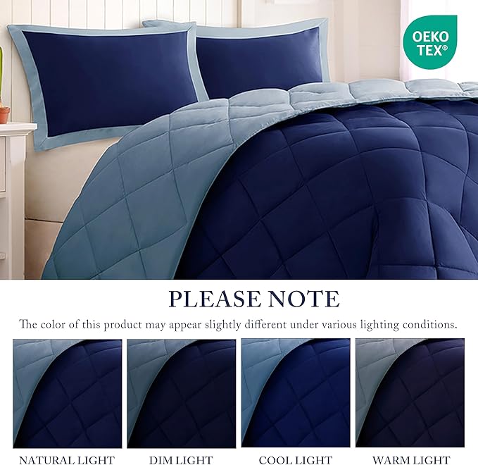 Madison Park Comforter Set, Reversible Down Alternative All Season Microfiber Bedding, 3M Scotchgard Stain Release, King Dorm Comforter, Navy/Light Blue