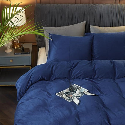 Ivellow Velvet Duvet Cover King Size 3 Pcs Flannel Navy Blue Duvet Cover King Velvet Comforter Cover Bedding Set Ultra Soft Cozy Solid Luxury Velour Duvet Cover Set Zipper Closure Corner Ties
