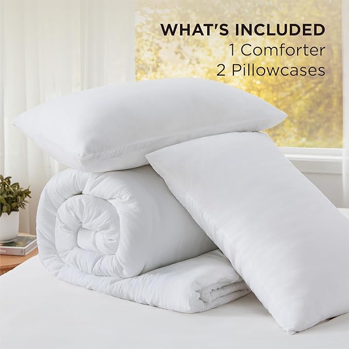 Bedsure Oversized Queen Comforter Set, White Soft Prewashed Bedding for All Seasons, 3 Pieces GentleSoft™ Bed Set, 1 Lightweight Comforter (98"x98") and 2 Pillowcases (20"x26")