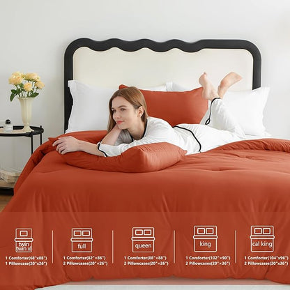 CozyLux Full Size Comforter Set Terracotta, 3 Pieces Burnt Orange Rust Solid Breathable Fall Bedding Sets, Luxury Lightweight Soft Bed Set with Down Alternative Comforter and 2 Pillowcases All Season