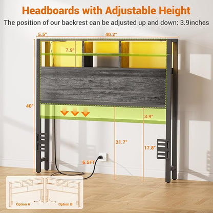 Aheaplus Headboard for Twin Size Bed with Storage, Headboards with Outlets | Twin Size Head Board Only, with USB Ports and LED Light, Height Adjustable, Reversible, Sturdy & Stable Headboard, Black Oak