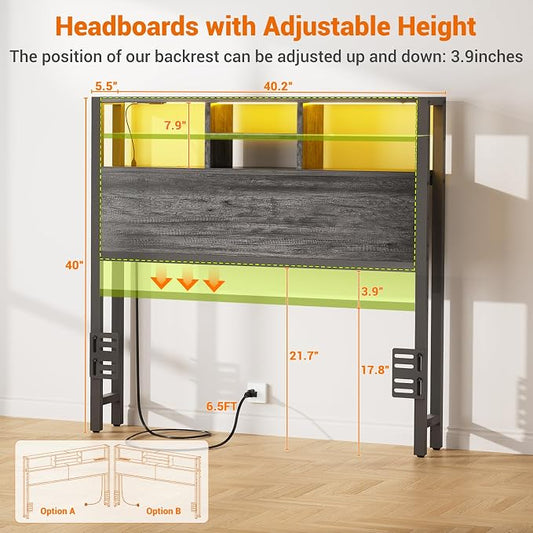 Aheaplus Headboard for Twin Size Bed with Storage, Headboards with Outlets | Twin Size Head Board Only, with USB Ports and LED Light, Height Adjustable, Reversible, Sturdy & Stable Headboard, Black Oak