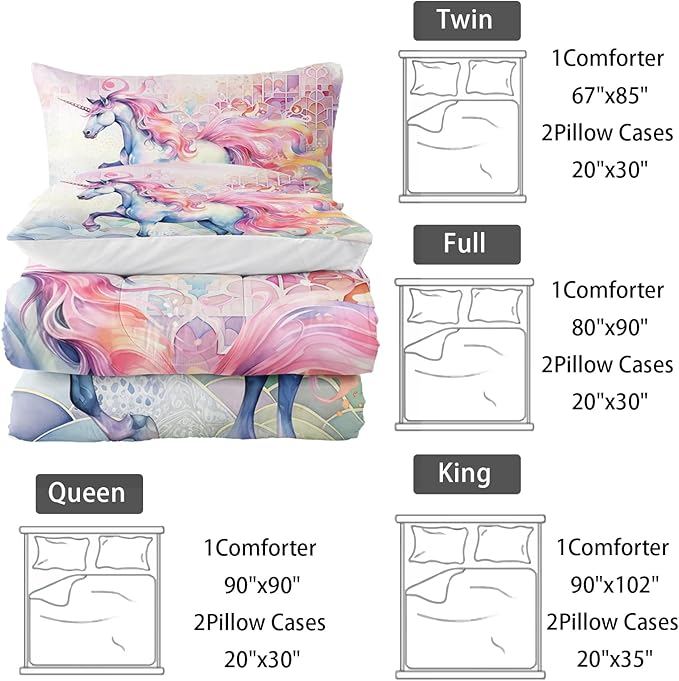 Pink Fantasy Unicorn Comforter Set King Rainbow Scales Unicorn 3pcs Bedding Set for Girls Boys Kids Cartoon Down Alternative Soft Lightweight Comforter with 2 Pillowcases All Season