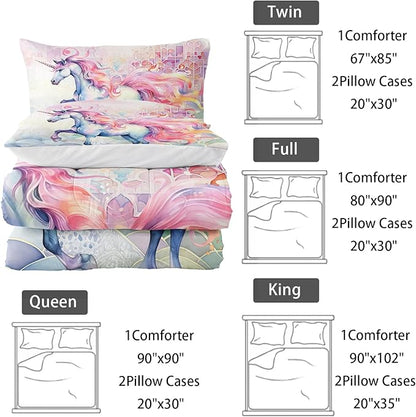 Pink Fantasy Unicorn Comforter Set King Rainbow Scales Unicorn 3pcs Bedding Set for Girls Boys Kids Cartoon Down Alternative Soft Lightweight Comforter with 2 Pillowcases All Season