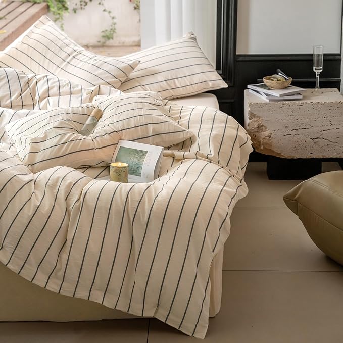 LifeTB Striped Duvet Cover Set Queen 100% Washed Cotton Beige Duvet Cover with Grey Stripes Pattern Printed Comforter Cover 3 Pieces Striped Bedding Queen Comforter Cover with Zipper Closure