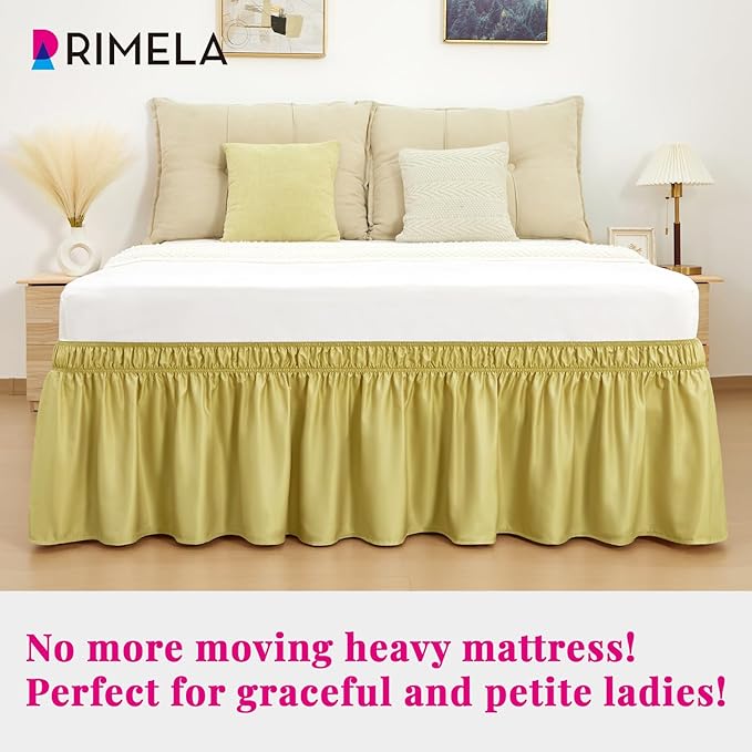 RIMELA Bed Skirt Queen Size Gold Green 15 Inch Drop, Wrap Around Elastic Bedskirt, Dust Ruffle for Adjustable Bed Base Soft Durable Fabric Machine Washable Easy to Install Bed Skirts