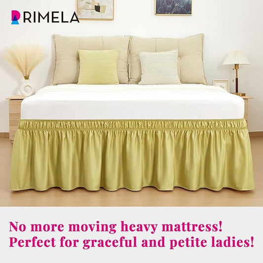 RIMELA Bed Skirt Queen Size Gold Green 15 Inch Drop, Wrap Around Elastic Bedskirt, Dust Ruffle for Adjustable Bed Base Soft Durable Fabric Machine Washable Easy to Install Bed Skirts