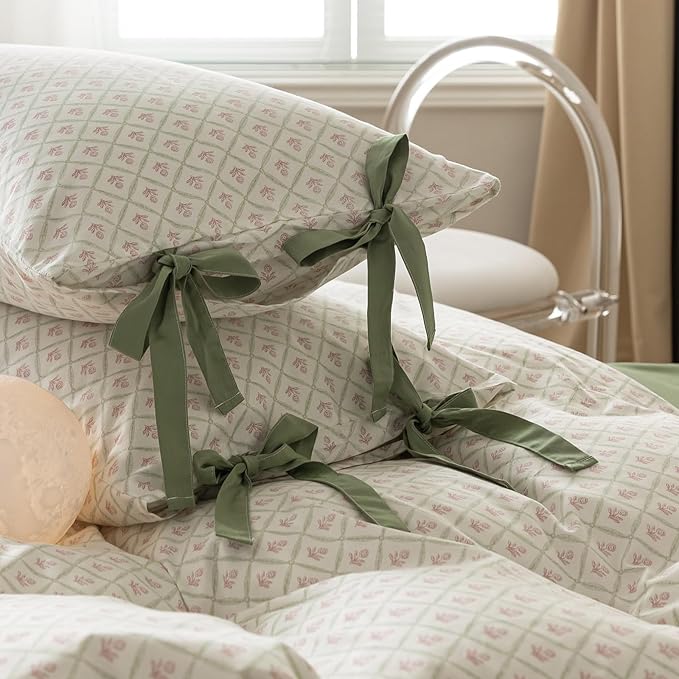 VM VOUGEMARKET Red Flower Duvet Cover Full,100% Cotton Bedding Set,Green Plaid Grid Comforter Cover with Zipper Closure,80x90 Inch