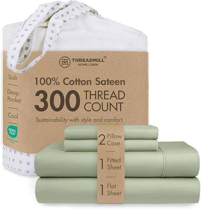 Threadmill 100% Cotton Sheets for King Size Bed | 4 Pc King Bed Sheets Set | Soft, Breathable Lightweight Solid Sateen for All-Season Use | Snug Fit Elastic Deep Pocket King Sheets | Sage Green