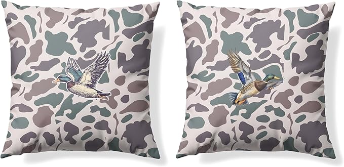 Vintage Camo Mallard Duck Throw Pillow Covers 18x18 Set of 2, Duck Hunting Pillowcase, Camouflage Farm Animal Decorative Pillow Covers