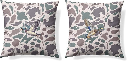 Vintage Camo Mallard Duck Throw Pillow Covers 18x18 Set of 2, Duck Hunting Pillowcase, Camouflage Farm Animal Decorative Pillow Covers