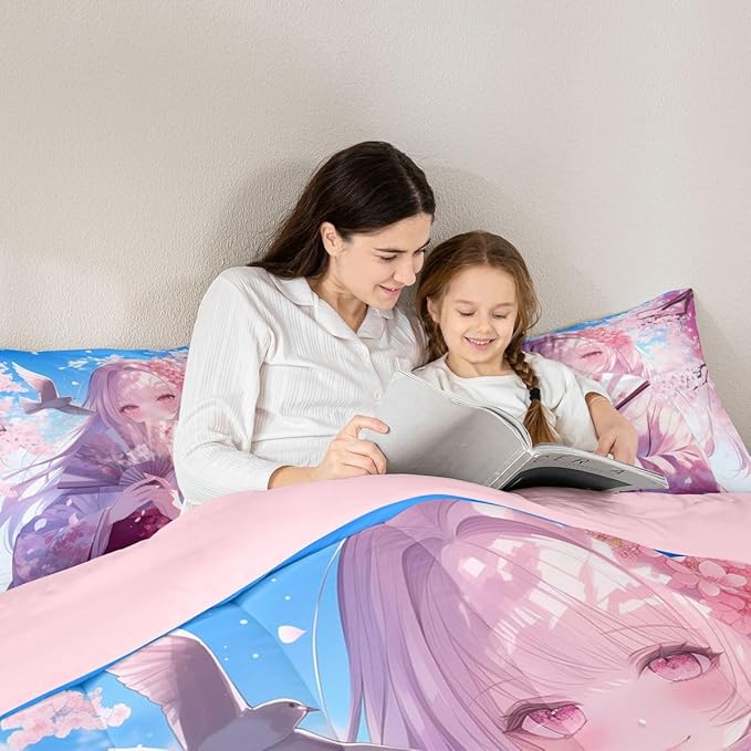 Erosebridal Japanese Style Girl Comforter Set, Cartoon Anime Girl Bedding Japanese Cherry Blossoms Bed Comforter Set, Romance Room Decor, Cartoon Kawaii Girly Bedding Sets Queen Size 3 Pieces