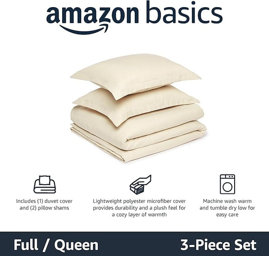 Amazon Basics Lightweight Microfiber 3-Piece Duvet Cover Set with Zipper Closure, Full/Queen, Beige, Solid
