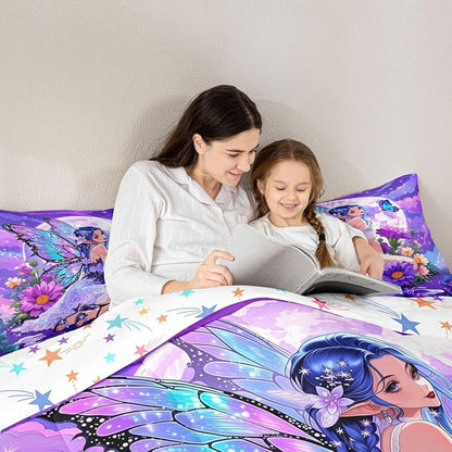 Erosebridal Fairy Girl Bedding Sets King - Flower Fairytale Comforter Set for Kids Adults Blue Butterfly Floral Decor Duvet Insert Purple Galaxy Moon Quilt