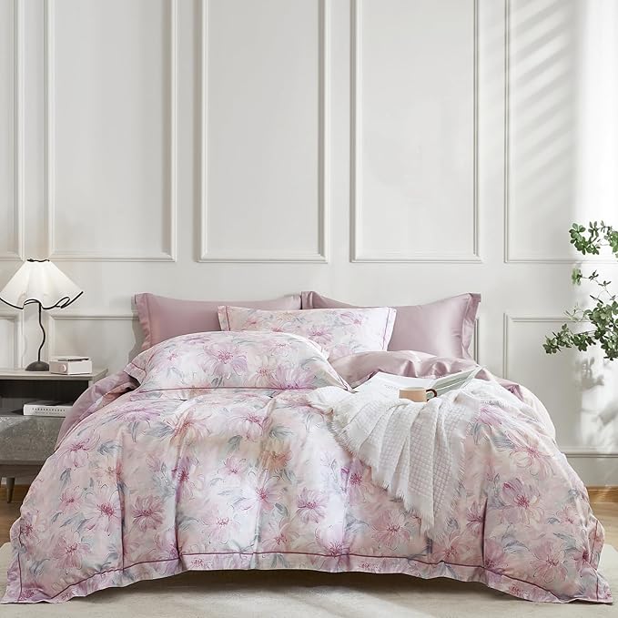 OAITE Duvet Cover Set Twin Size Floral Pattern 600 Thread Count Ultra Soft 100% Long Staple Cotton Duvet Cover Sets 3-PC, Breathable Duvet Cover with Zipper Closure & Corner Ties