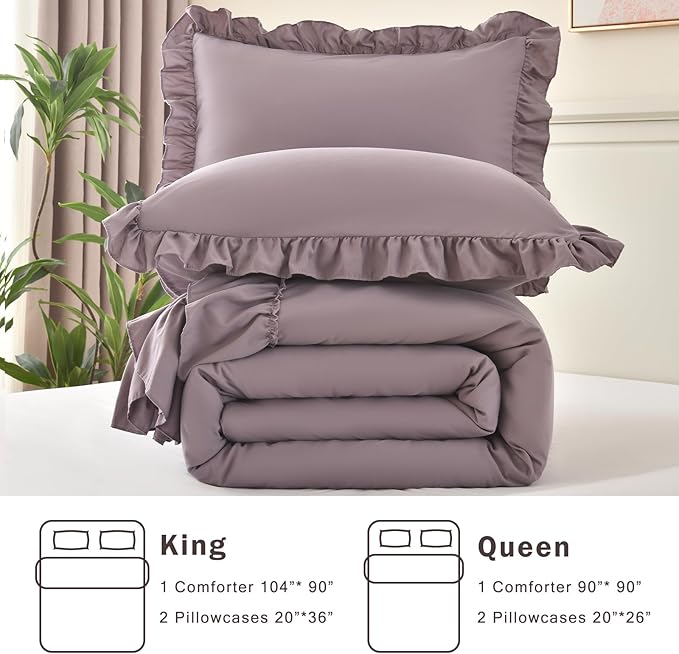 Cupocupa Purple Ruffle King Size Comforter Set, Shabby Chic Boho Bedding Comforter Sets, Fluffy Cozy Bedding Comforters & Sets for All Season, 3PCS Lightweight Farmhouse Rustic Bedding Sets