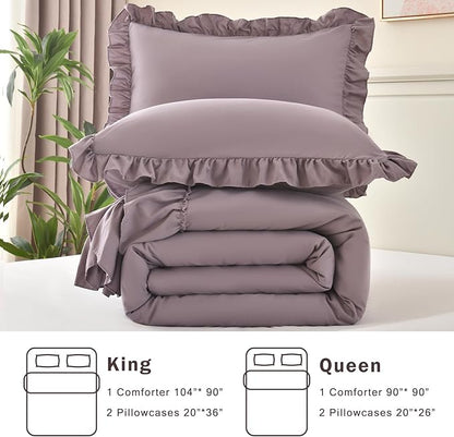 Cupocupa Purple Full Comforter Set, 3Pcs Ruffle Farmhouse Bedding Sets with Comforter & Pillowcases, Soft Shabby Chic Lightweight Fluffy Comforter Set for All Season Bedroom Decor (Purple, F)