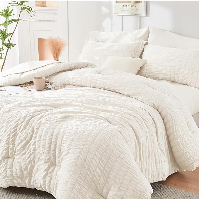 HYMOKEGE Ivory Duvet Cover Full Size, Ultra Soft 3-Piece Seersucker Duvet Cover Set with Zipper Closure, Soft Brushed Microfiber Bedding Set with 8 Corner Ties (80"x90", 2 Pillowshams)