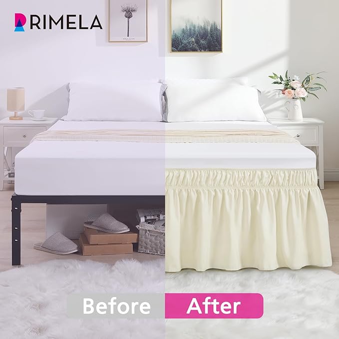 RIMELA Ivory Bed Skirt King Size 15 Inch Drop, Elastic Bed Skirting for Bed Base and Frame, Bedding Dust Ruffle Easy to Install, Lightweight Wrap Around Adjustable Bedskirt