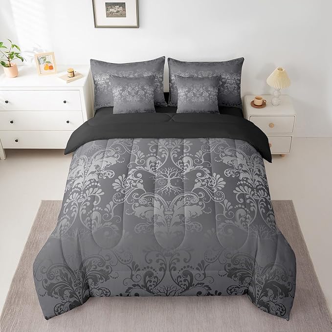 Erosebridal Gothic Damask Bed in a Bag King Size Comforter Set 7 Pieces,Sun Moon Tree of Life Bedding Sets Silver Gray Victorian Floral Goth Sheet Set with Comforter