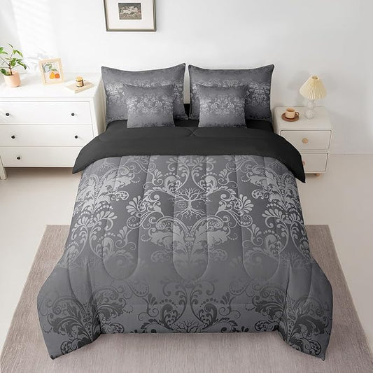 Erosebridal Gothic Damask Bed in a Bag King Size Comforter Set 7 Pieces,Sun Moon Tree of Life Bedding Sets Silver Gray Victorian Floral Goth Sheet Set with Comforter