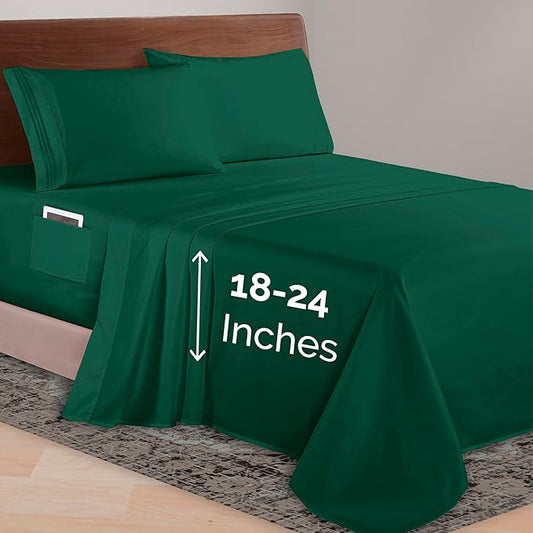 Elegant Comfort Luxurious 1500 Premium Hotel Quality Microfiber 4-Piece Sheet Set, 18-24 Inches Deep - Extra Deep Pocket Sheets - Ultra Soft 4PC Deep Pocket Sheets, King, Hunter Green