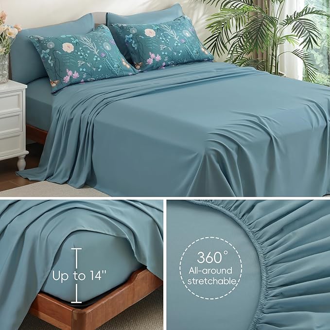 Yiran Queen Comforter Set, 7 Pieces Mineral Blue Floral Soft Bedding Sets, Queen Bed in a Bag with Botanical Flowers All Season Comforter, Sheets, Pillowcases & Shams