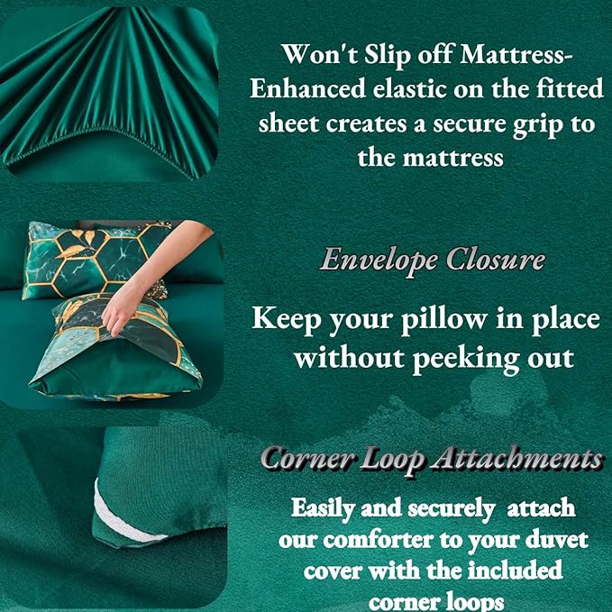 ANGIYUIN 3D Marble Printed Emerald Green Comforter Set Full, 7Pcs Geometric Hexagon Theme Comforter Gold Trim Bed in A Bag Full, Modern Watercolor Foil Print Bedding Set with Sheets (Green Full)