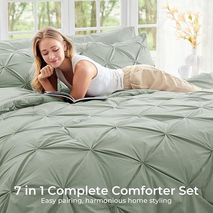 Sasttie California King Comforter Set, 7-Piece Bed in a Bag, Pintuck Bedding Sets for All Season, Includes Comforter, Flat Sheet, Fitted Sheet, Pillowcases and Pillowshams, Dusty Green