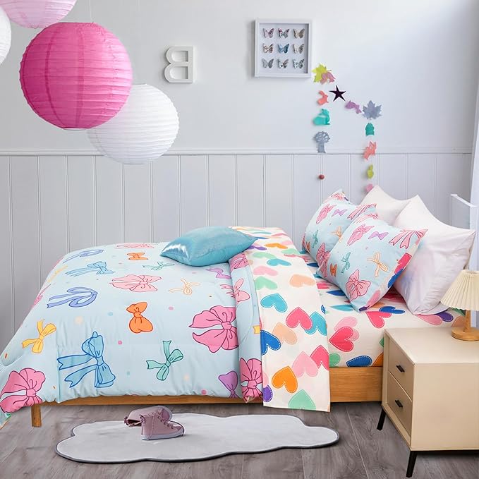 A Nice Night Lightweight Soft 6 Piece Bowknot Comforter Set Queen Size Bed in a Bag,Cartoon Bow & Polka Dot Design Bedding Set for Girls Kids