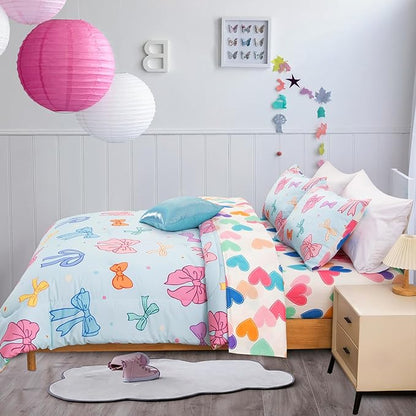 A Nice Night Twin Comforter Set for Girls 6 Piece Bedding Sets Soft Polyester Bed in a Bag with Multi-Color Chic Bows Pattern,Blue Background Room Decor for All Season