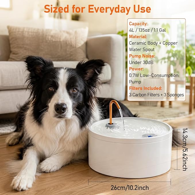 MISFANS Ceramic Dog Water Fountain, 4L/135oz/1.1Gal – All-Ceramic Body with Copper Water Spout – Pet Drinking Fountain for Medium & Small Dogs, Ultra-Quiet Pump, Includes 3 Filters & Sponges