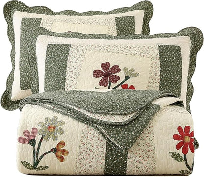 vctops Farmhouse Green 2 Piece Embroidered Floral Quilted Bedspread Quilt Set 100% Cotton Reversible Patchwork Coverlet Set 1 Quilt and 1 Pillow Sham (Green,Twin)