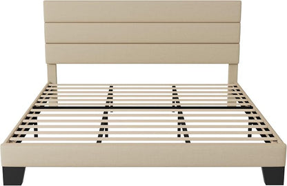 Allewie King Size Platform Bed Frame with Fabric Upholstered Headboard and Wooden Slats Support, Fully Upholstered Mattress Foundation/No Box Spring Needed/Easy Assembly, Beige